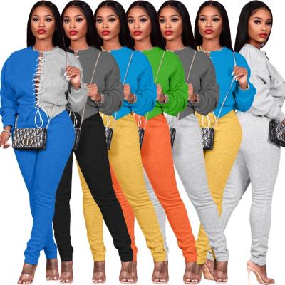 China 2021 Fall Anti-Static Wholesale Women's Casual Tracksuits Color Block Lace Up Bodycon Pants Sweatsuit Tracksuit Top Set for sale