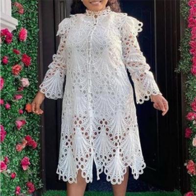 China 2021 Autumn Viable Plus Size Cavity Apparel Elegant Ruffle Lace White Casual Dress For Women for sale