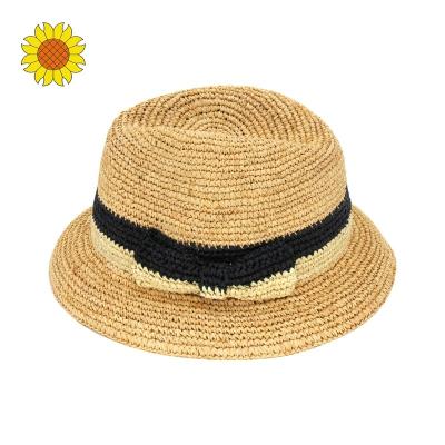 China Custom Made Character Summer Women Trilby Hats Hand Crochet Raffia Sun Panama Hats Beach Fedora Hats for sale