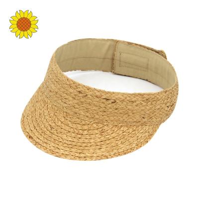 China Good Quality Summer Beach Gold Barred Women Hand Stitched Natural Rollable Raffia Braid Sun Visor Hat for sale