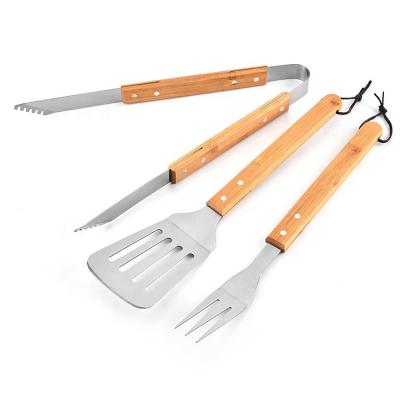 China Custom Logo 3 Pcs Eco-Friendly Custom Handle Stainless Steel Bamboo Barbecue Tool Kit Easily Cleaned With Bamboo Box for sale