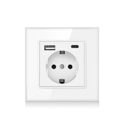 China Type-C Residential/General Purpose EU Outlets 86*86 Tempered Crystal Glass Panel Wall Socket Home USB Wall Socket 5V 2100mA CE Rohs AC110-250V 16A for sale