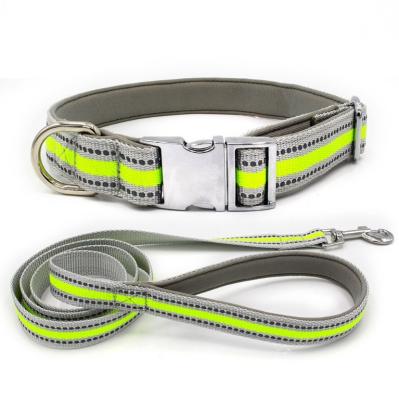 China Metal Buckle Reflective Heavy Duty Neoprene Padded Pet Belt Dog Leash Collar Set for sale