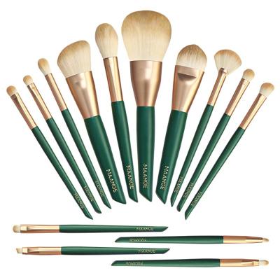 China Angular Blush MAANGE 14 Pcs Vegan Green Makeup Brush Kit Wooden Handle Synthetic Hair Wholesale Logo Private Label Custom Powder Brush for sale