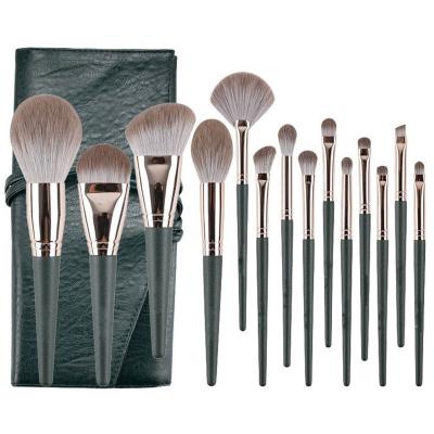 China Angular Blush Wholesale 14 Pcs Vegan Green Soft Makeup Brush With Wood Handle Package Private Label Logo Custom Synthetic Hair for sale