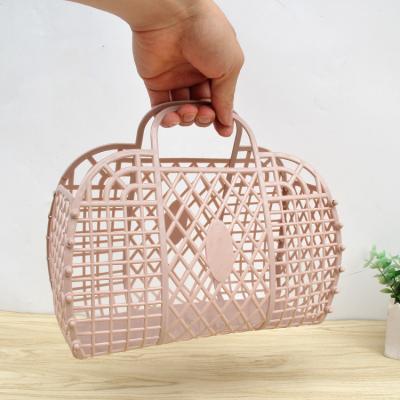 China Fashion Personalized Retro Vintage PVC Jelly Basket Bag Beach Bag Foldable Plastic Handbag Purse For Women Gift Bags for sale