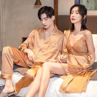 China M-XXXL QUICK DRY Couples Pajamas Sets Ice Silk Satin Pijamas Home Suit Pajamas For Lover Man Woman Lovers Long Robes for sale