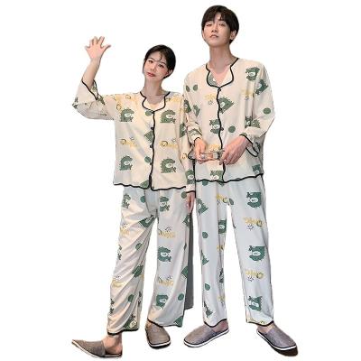 China Fashionable Lover's Pajamas Set Thermal Turn-down Collar Cotton Long Thin Couples Sleepwear Cartoon Printing for sale