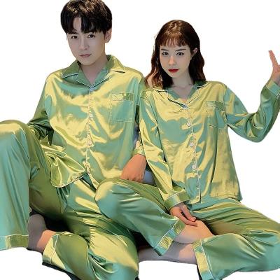 China QUICK DRY Couple's Winter Ice Silk Pijamas Set Korean Thin Sleepwear Lover's Collar Turen-down Satin Pajamas for sale