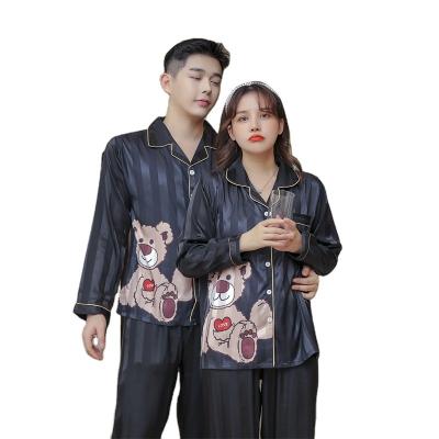 China QUICK DRY Custom Plus Size 5XL Satin Couples Sleep Wear Silk Black Bear Printing Cute Pajamas For Couples for sale