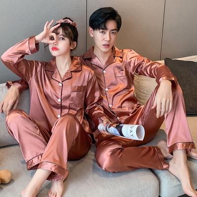 China Couples New Year Wear QUICK DRY Home Pajamas Ice Silk Korean Style Two Pieces Pajamas Long Set for sale