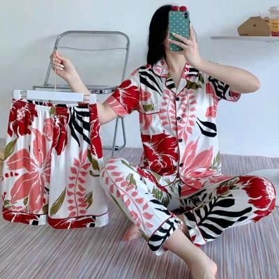 China Cheap QUICK DRY 3 Piece Women Pajamas Milk Lady Cotton Flower Print Pajamas Set for sale