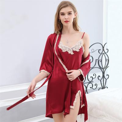 China QUICK DRY sexy sleepwear luxury piece luxury silk pajamas three sets sleepwear with lace for sale