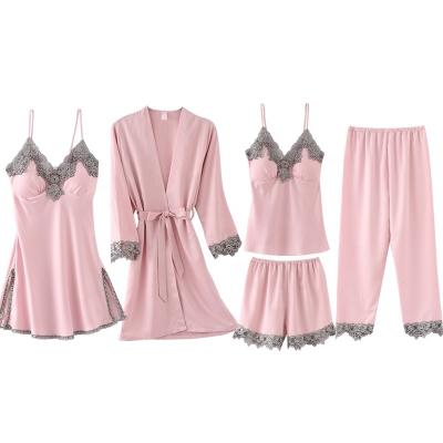 China High Quality QUICK DRY Silk Fabric 5pcs Pajamas Long Robe Suspenders Suit Pants for sale