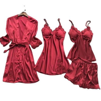 China Wholesale Women QUICK DRY 4 Pieces Lace Up Elegant Silk Satin Sleepwear Pajamas Set for sale