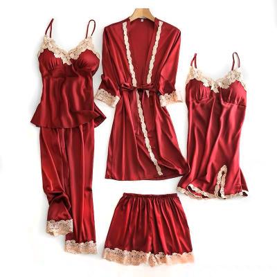 China Wholesale Women QUICK DRY Lace Up Elegant Silk Satin Sleepwear Pajamas 5 Pieces Set for sale