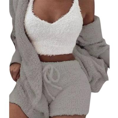 China Europe and America Sale Winter Plush Sleepwear Women Thermal Warm Three-pieces Invest Warm Shorts Flannel Pajamas Suit for sale