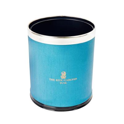 China Blue Color With Gold Trim Custom Design Hotel Guest Room Supplies 10 Blue Faux Blue Leather Hotel Garbage Bin Hotel Waste Basket Wastebin liters for sale