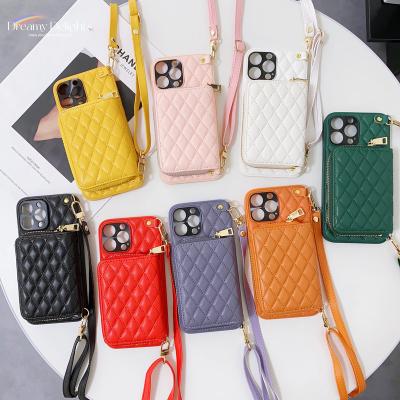 China Anti-fingerprint Lanyard Crossbody Rhombic MINI Wallet Shoulder Strap Case for iphone 14 plus pro Max Cover Luxury 13 12 11 PU leather phone bag for sale