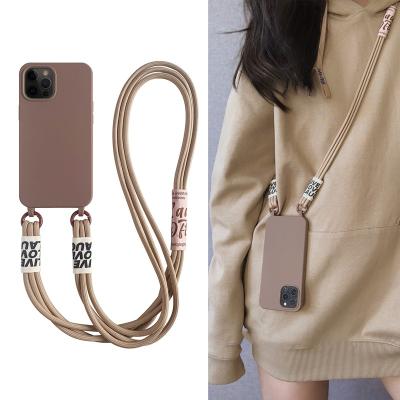 China Anti-scratch Liquid State Cross - Body Lanyard Solid Soft Phone Case For iPhone 13 mini 12 11 pro 14 pro max plus Korea Strap Silicone Cover for sale