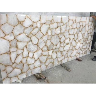 China Luxury Home Decoration Onyx Gemstone Gemstone White Agate Crystal Slab With Gold Trim for sale