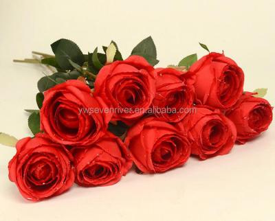 China Custom Realistic Silk Drop Dew Drop Single Red Water Rose Artificial Silk Flowers for sale