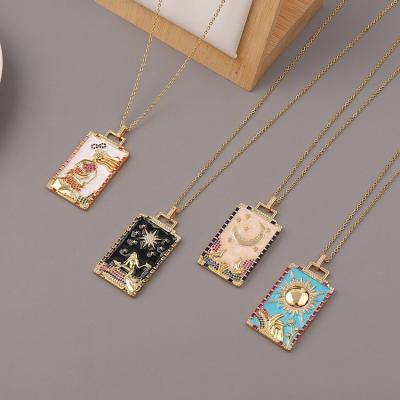 China Fashion Retro Oil Painting Rainbow Tarot Moon Rectangular Necklace Personality Pendant Copper Environmentally Friendly Jewelry for sale