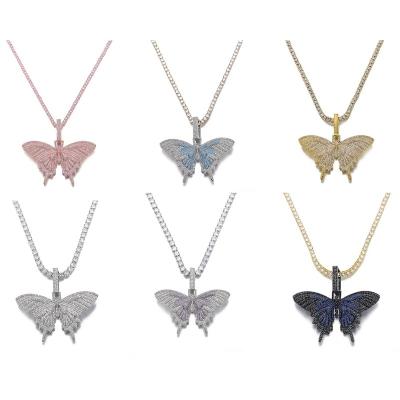 China Environmental Friendly Brass Cubic Zircon Butterfly Bling Pendants Women Men's Hip Hop Hip Hop Necklace Party Jewelry Gift for sale