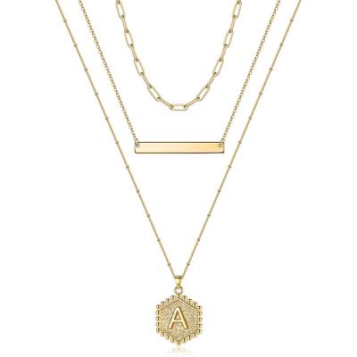 China CLASSIC 14K Gold Plated Bar Necklace Hexagon Letter Beads Chain Handmade Layering Pendant Necklace Layered Necklaces for sale