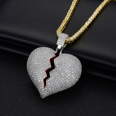 China Diamond Heart Shape Necklace Pendant Environmentally Friendly Half Two Pave Zircon Jewelry Set Big Gold Plated Silver CZ Broken Heart Pendant for sale