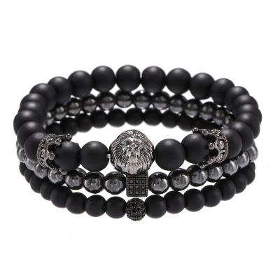 China Handmade Stone Punk Lion Beads Bracelets Matte Black Lava Stone Bracelet Sets Matte Strand for sale