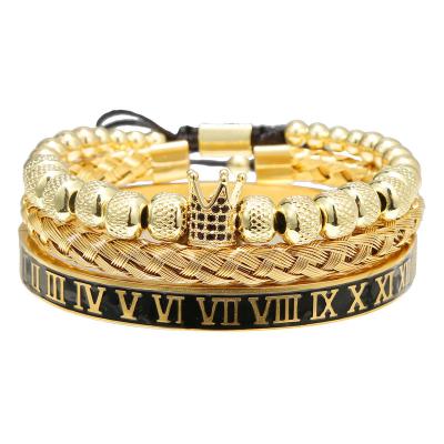 China Punk Crown Luxury Vintage Royal Men's Braided Bracelet Set Roman Open Cuff Bangle Braided Crown Bracelet for sale