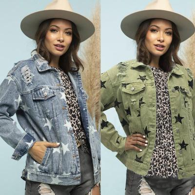 China Custom Made Washed Jacket Breathable Ripped Stylish Distressed Star Print Coats Loose Hole Casual Denim Jackets Women for sale