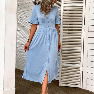 China New Design Anti-Static Dress Women's Casual Shirt Button Slit Edge Summer Solid Color Long Knit Short Ruffle Sleeve Dresses for sale