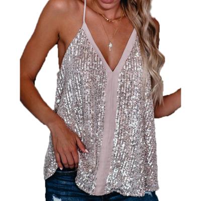 China Fashionable Women QUICK DRY Sequin Tops Summer Party Spaghetti Strap Sexy V-Neckline QUICK DRY Tank Tops for sale