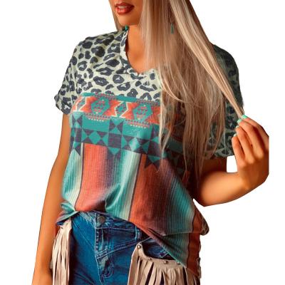 China 2022 Women's QUICK DRY Leopard Cowgirl Print V-neck T-shirt Polyester Patchwork Blouse Graphic Aztec Tops Short Sleeve Tees for sale