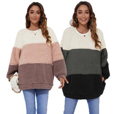 China Anti Wrinkle Winter Anti Wrinkle Color Blocking Patchwork Crewneck Sherpa Oversized Sweaters Long Sheath Loose Soft Heavyweight Sweatshirt Fleece Pullover for sale