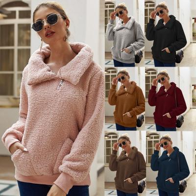 China Custom Asymmetric Fleece Sweaters Lapel Pullover Anti Wrinkle Solid Sherpa Winter Pocket Thickened Quarter Zipper Sweaters for sale