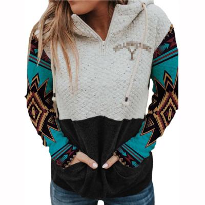 China Custom Anti Wrinkle Hoodie Plus Size Women Logo Pullover Sweatshirt Splicing 1/4 Zipper Front Pockets Aztec Style Hoodies for sale