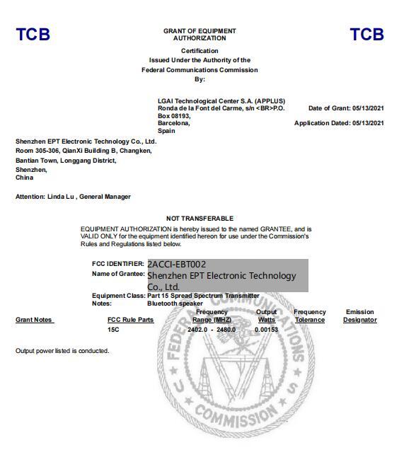 FCC - Shenzhen Ept Electronic Technology Co., Ltd.