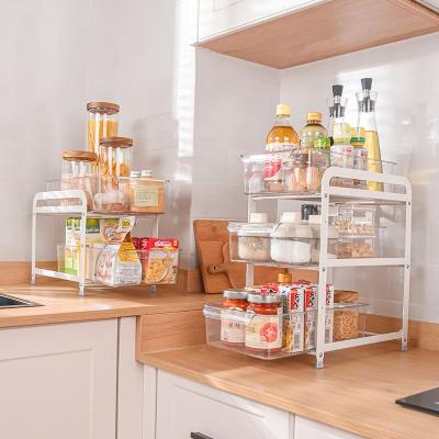 China High Quality 2-Tier Sustainable Sliding Cabinet Basket Plastic Drawer Spice Organizer Rack Seasoning Racks for sale