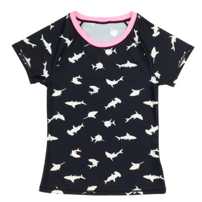 China Breathable Girls Contrast Self Neck shark print Summer Bathing Suit Kids Swimwear T-shirt swimming suit for sale