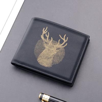 China Wholesale Custom Deer Head Print Gold Bifold Mens Short Credit Card Rfid Blocking Full Grain Leather Wallet For Men for sale