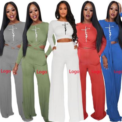 China Wholesale Letter Printing Anti-pilling Wide Leg Women Leisure Two-Piece Pants Sets Women Cultivate Female Causal Suit Set Autumn Long Sleeve Top for sale