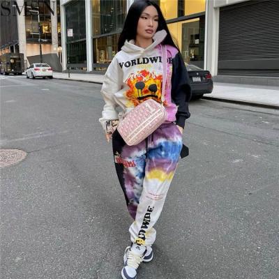 China Anti-pilling new thick velvet style printed link dye hooded casual two-piece sets for woman pants two-piece set for sale