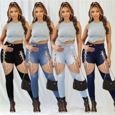 China MONA's Best Design Bandage Hollow Lady breathable summer jeans women's long pants 2021 women's bottom jeans for sale