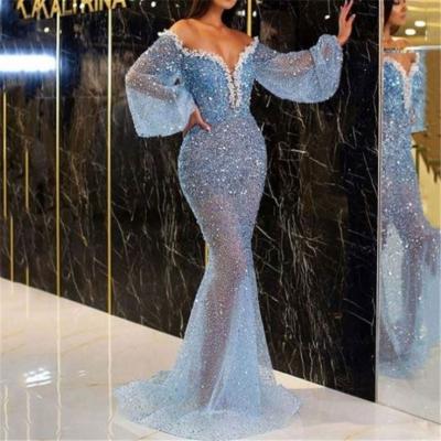 China Newest Design Anti-Static Strapless V-Neck Puff Sleeve Fishtail Slim Prom Dresses Party Maxi Sequin Evening Formal Dress for sale