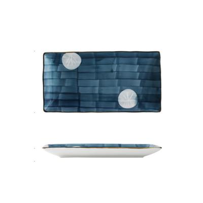 China Sustainable Japanese Glazed Blue Rectangular Ceramic Sushi Food Dish 10inch for sale