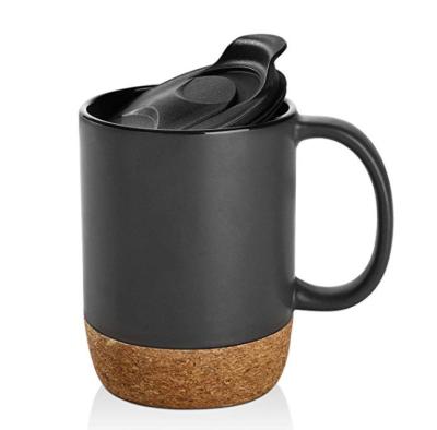 China 15 Ounce Tall Ceramic Coffee Mug Viable Mugs With Insulated Cork And Spill Proof Mug Lid, Matte Gray for sale