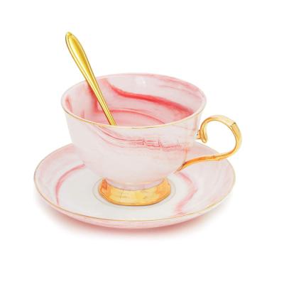 China Viable Pink Marbled Ceramic Tea Cup and Matching Saucer with 7oz Gold Spoon for sale